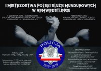 Zdjęcie kolorowe. Przedstawiające plakat konkursu na I Mistrzostwa Polski Policji i Służb Mundurowych w Armwrestlingu.